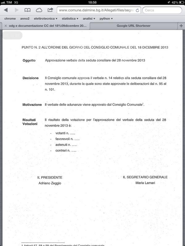 Passiamo al punto 2: approvazione verbale seduta consiliare 28nov2013 #opendalmine http://t.co/E4fRUCiQQI